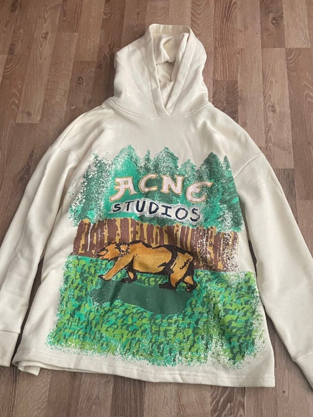 Acne Studios Grant Levy Bear Forest Graphic Oversized Hoodie Cream NWT Size XS